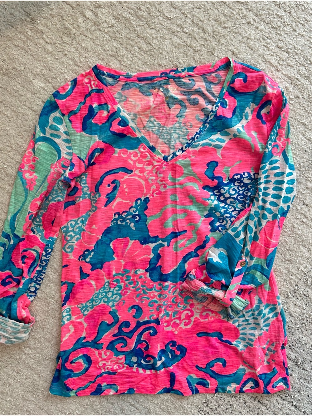 Lilly Pulitzer Pink, Blue & Green Long Sleeve V-Neck Top